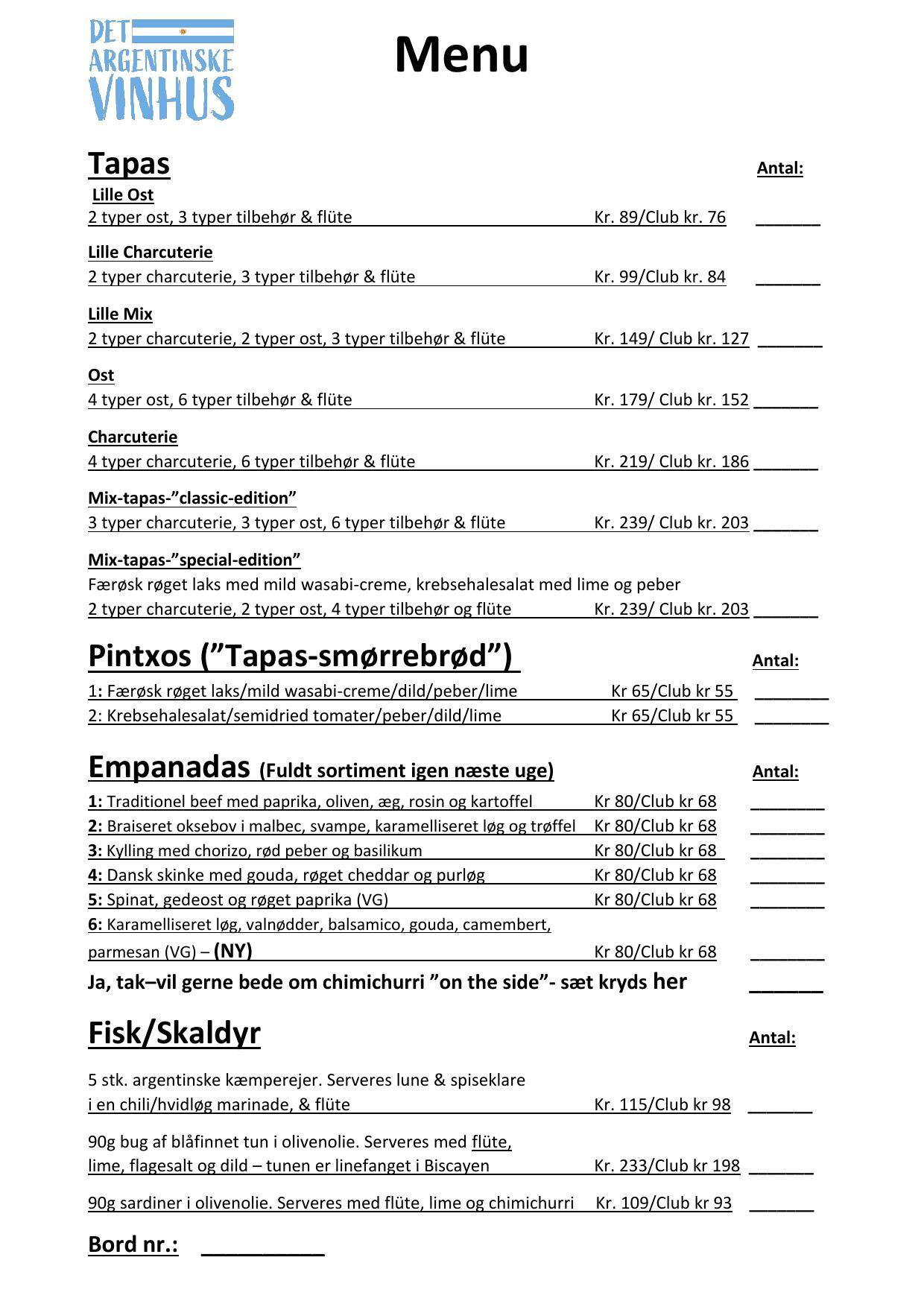 Tapas Menukort Oktober